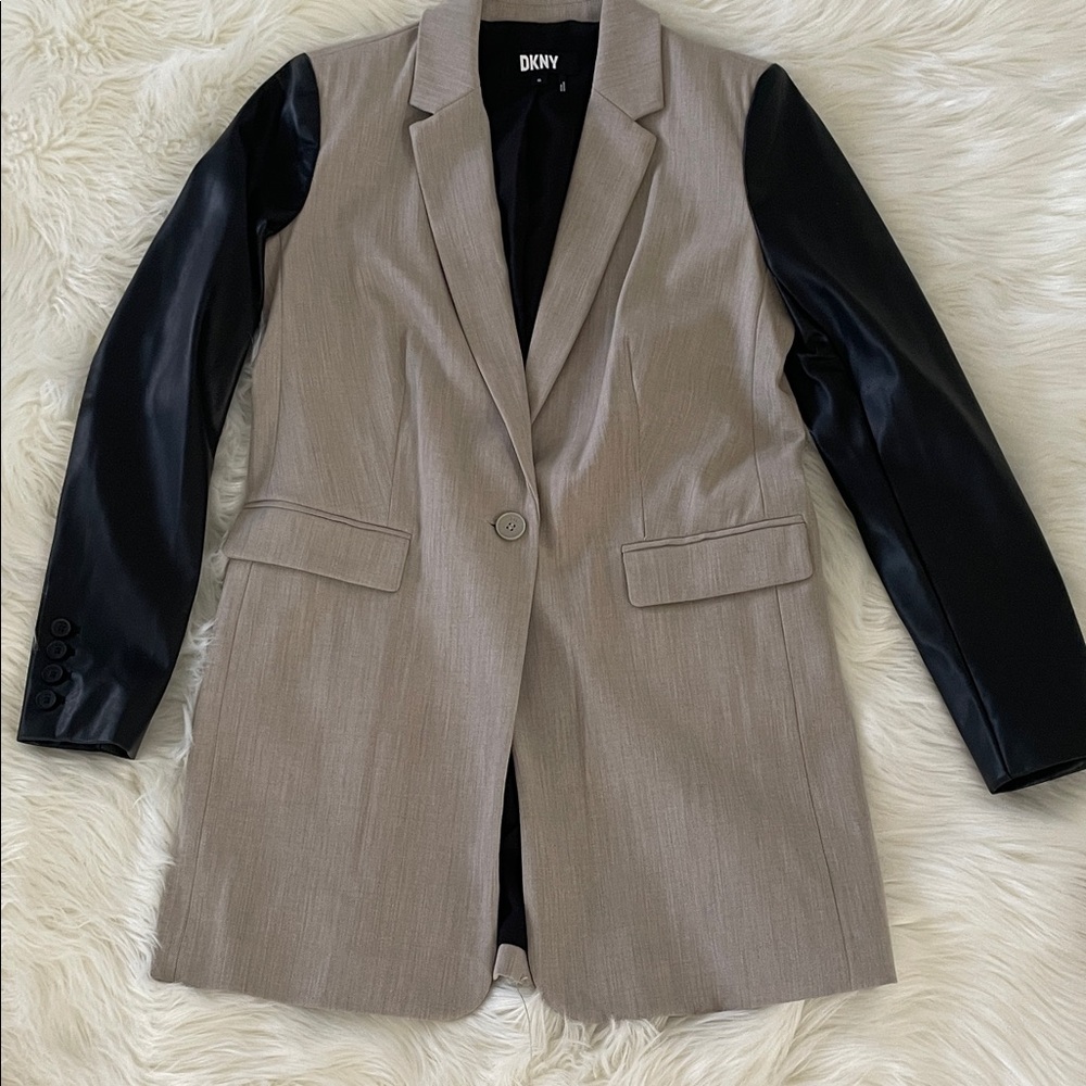 DKNY Taupe Blazer with Black Faux-Leather Sleeves